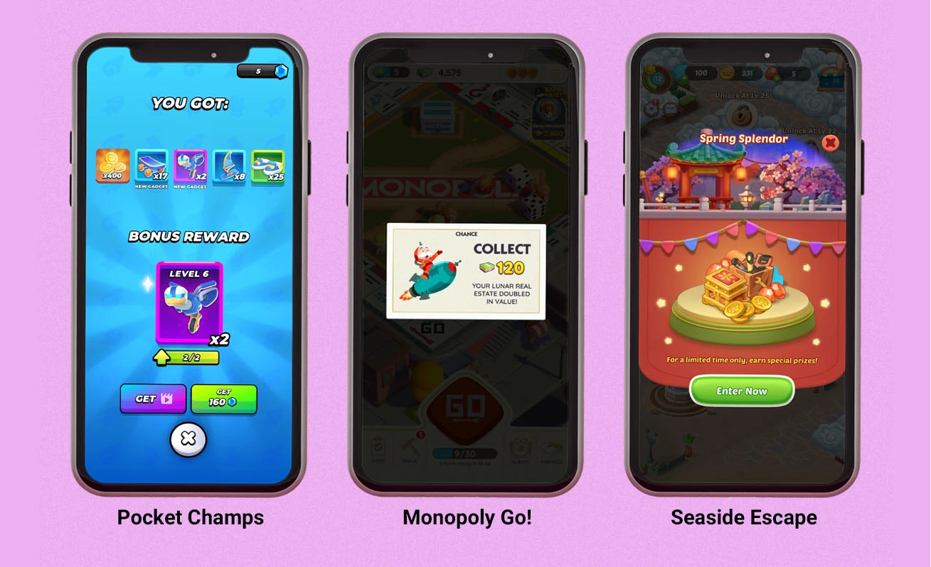 Examples of rewarding players in various mobile games