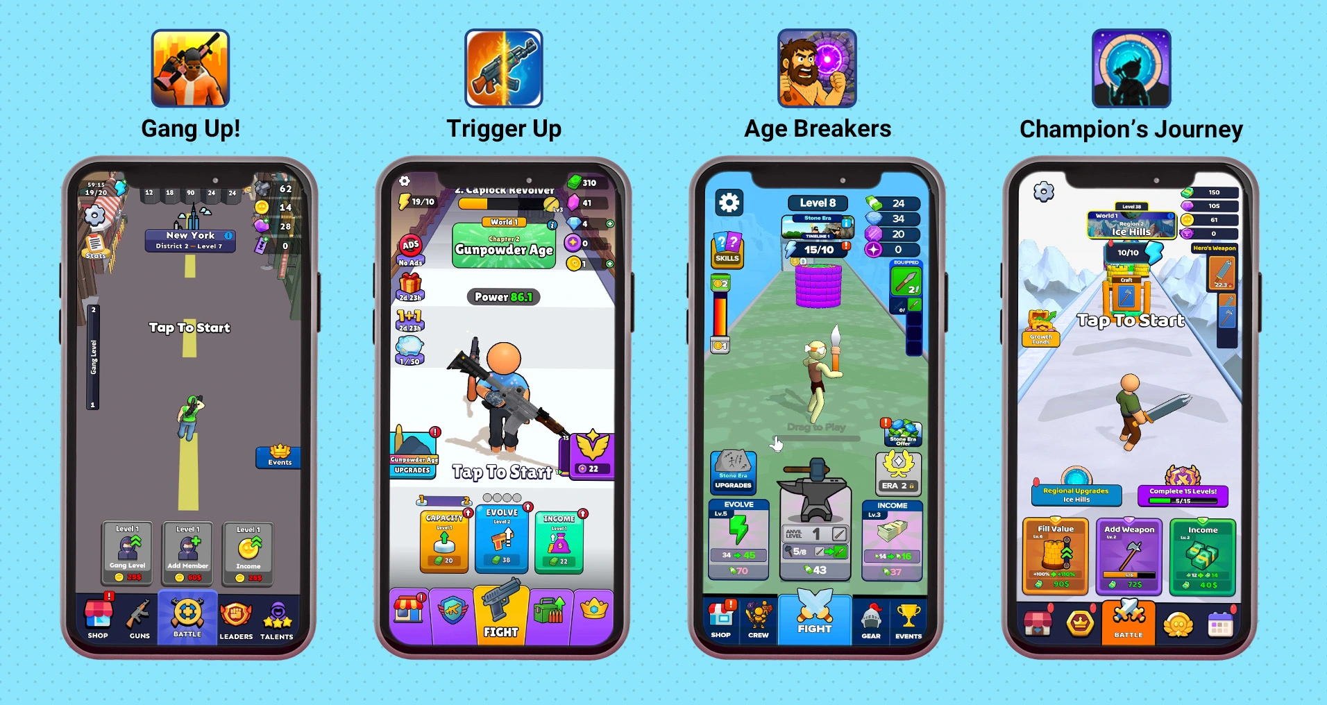 Hybrid Runners released by Rollic in 2025: Gang Up!, Trigger Up, Age Breakers and Champion's Journey
